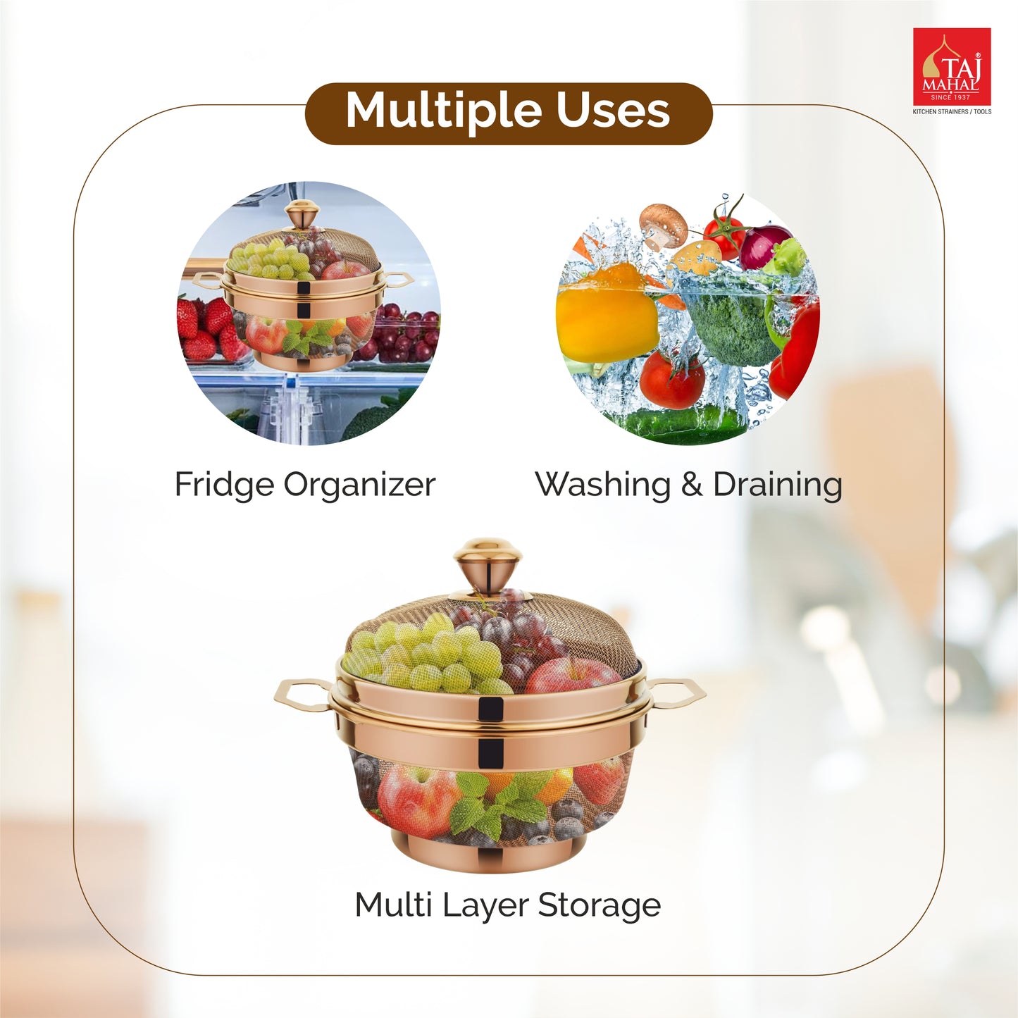 PVD COATED SS ROUND FRIDGE BASKET WITH COVER ROSE GOLD