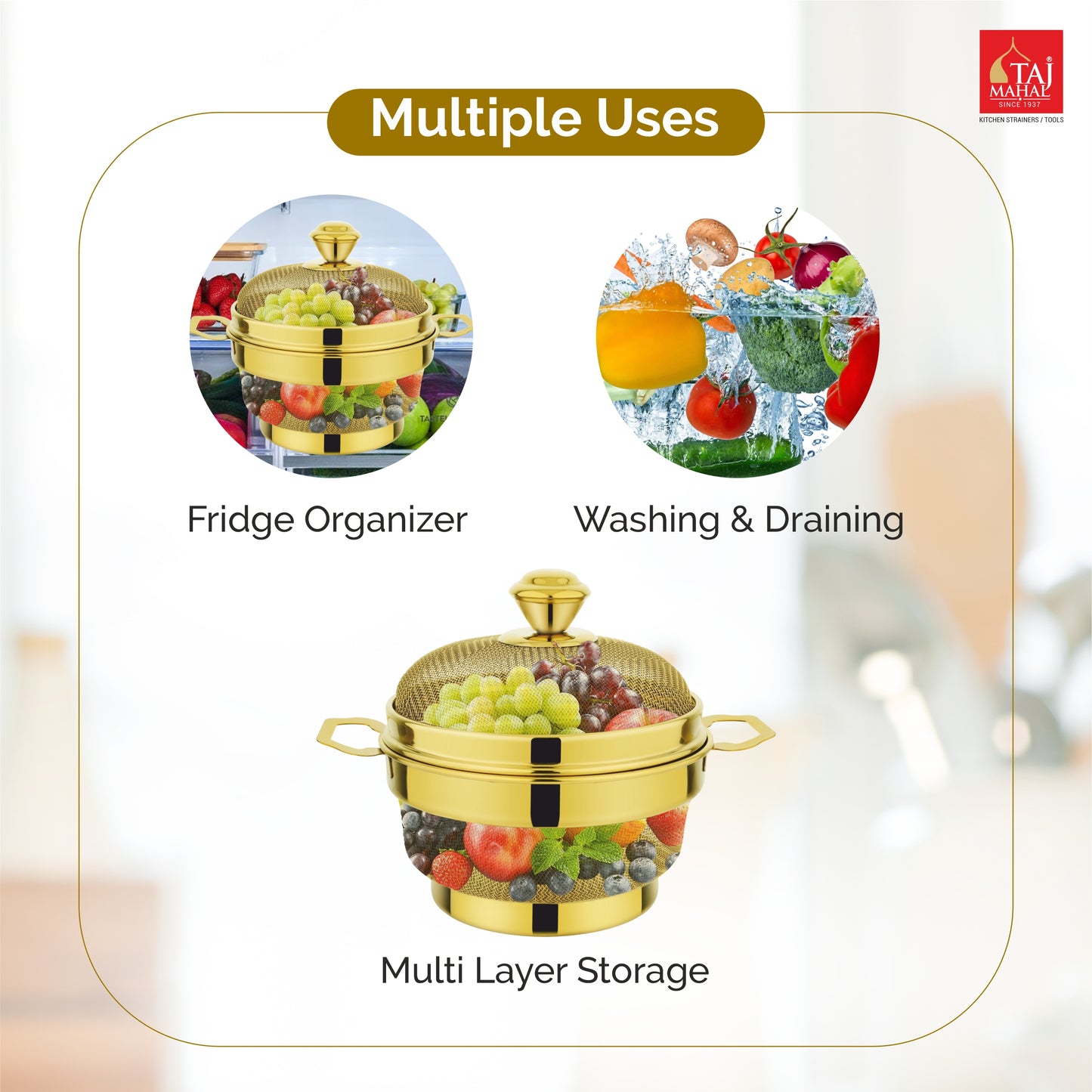 PVD COATED SS ROUND FRIDGE BASKET WITH COVER GOLD