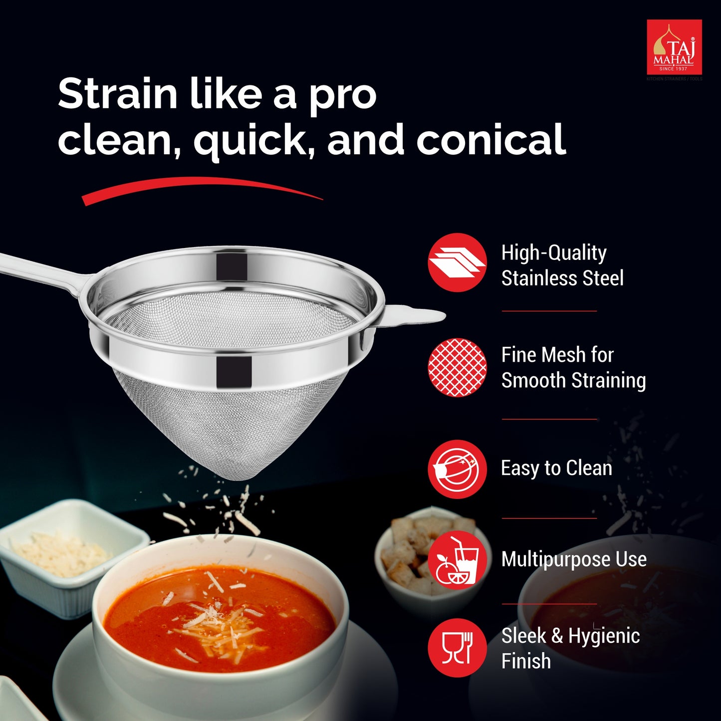 SS CONICAL HEXA STRAINER SOUP AND JUICE