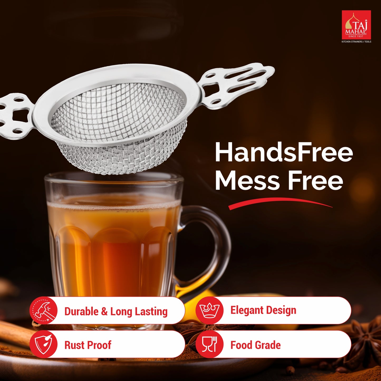 SS HAND FREE TEA & COFFEE STRAINER