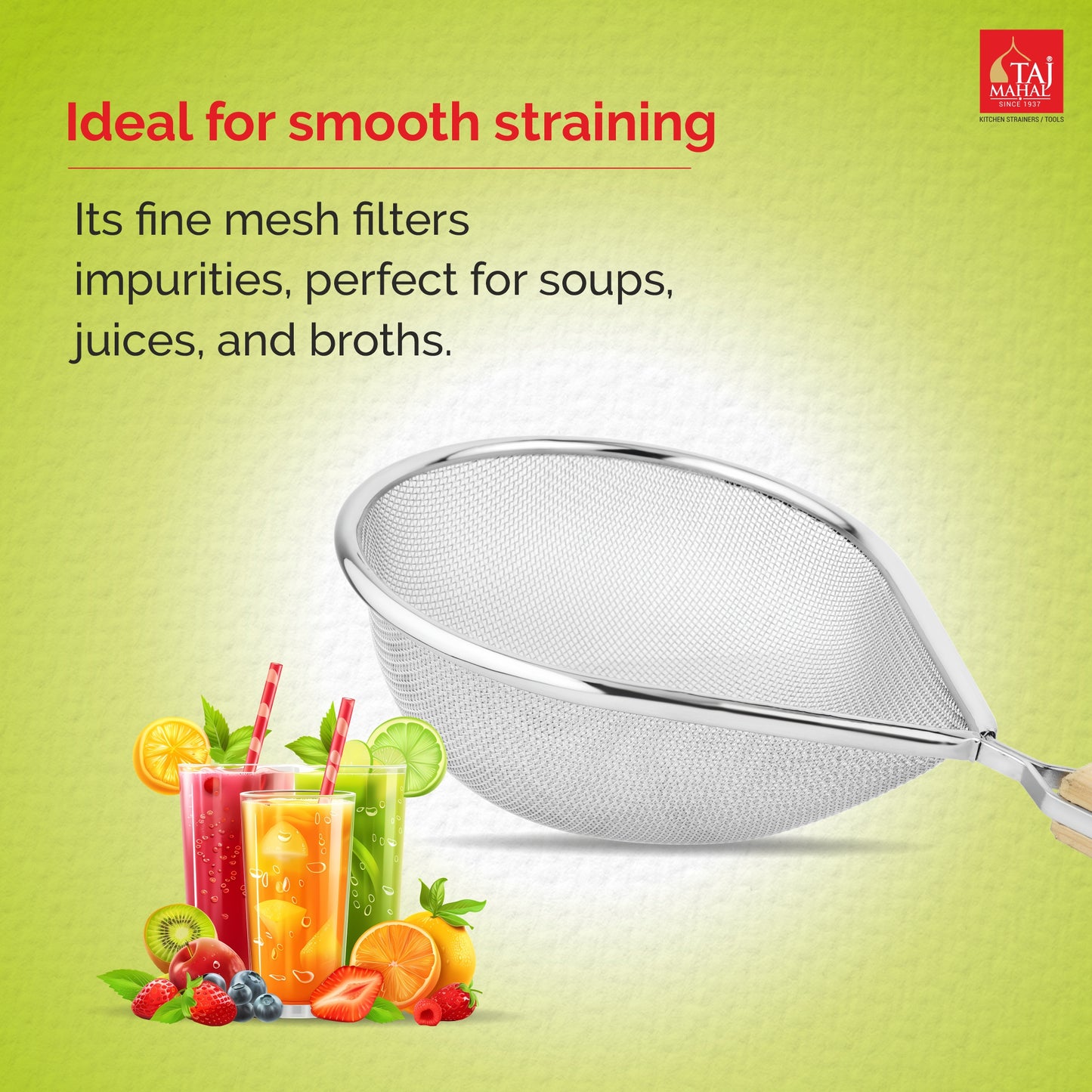 SS OVAL SOUP AND JUICE STRAINER WITH WOODEN HANDLE