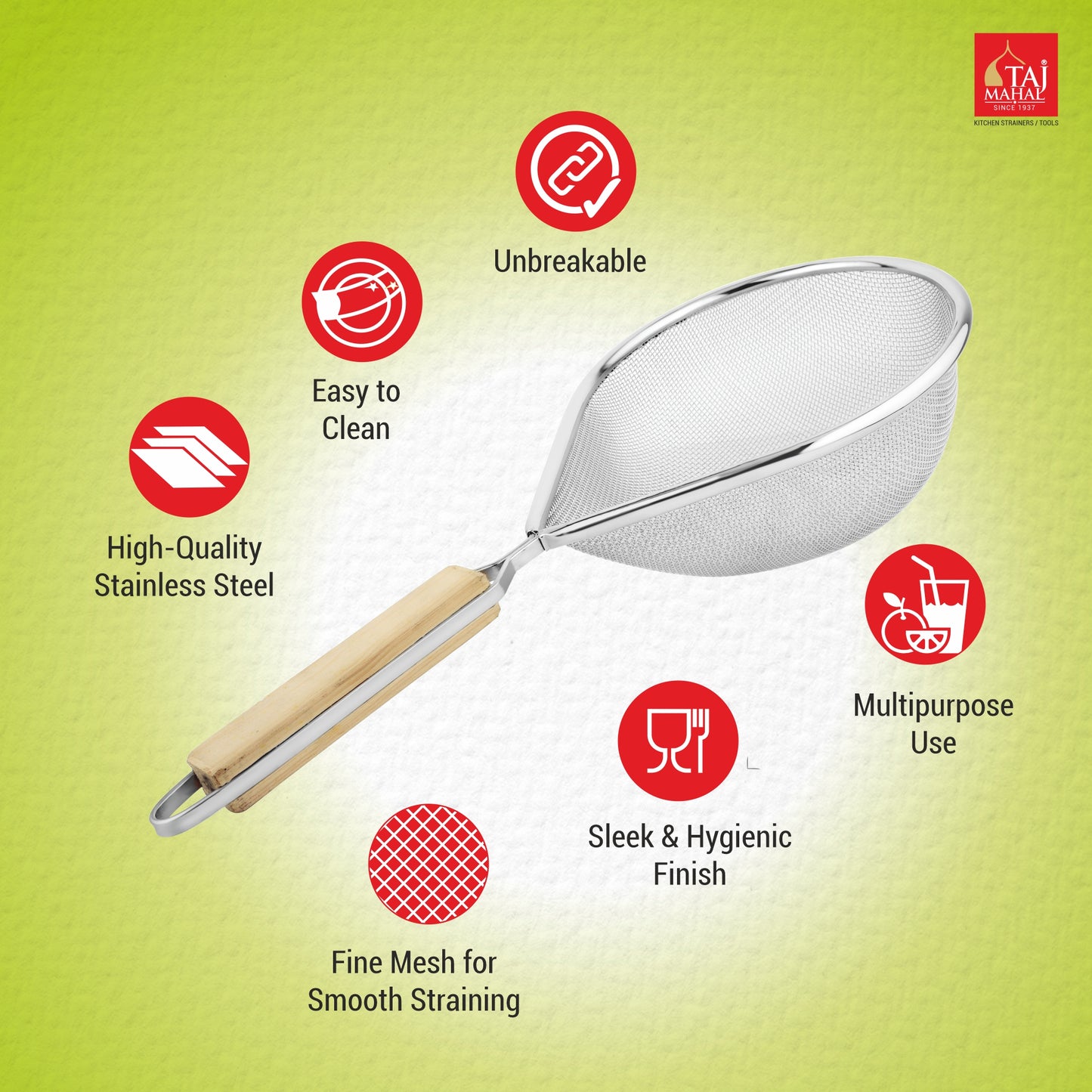 SS OVAL SOUP AND JUICE STRAINER WITH WOODEN HANDLE