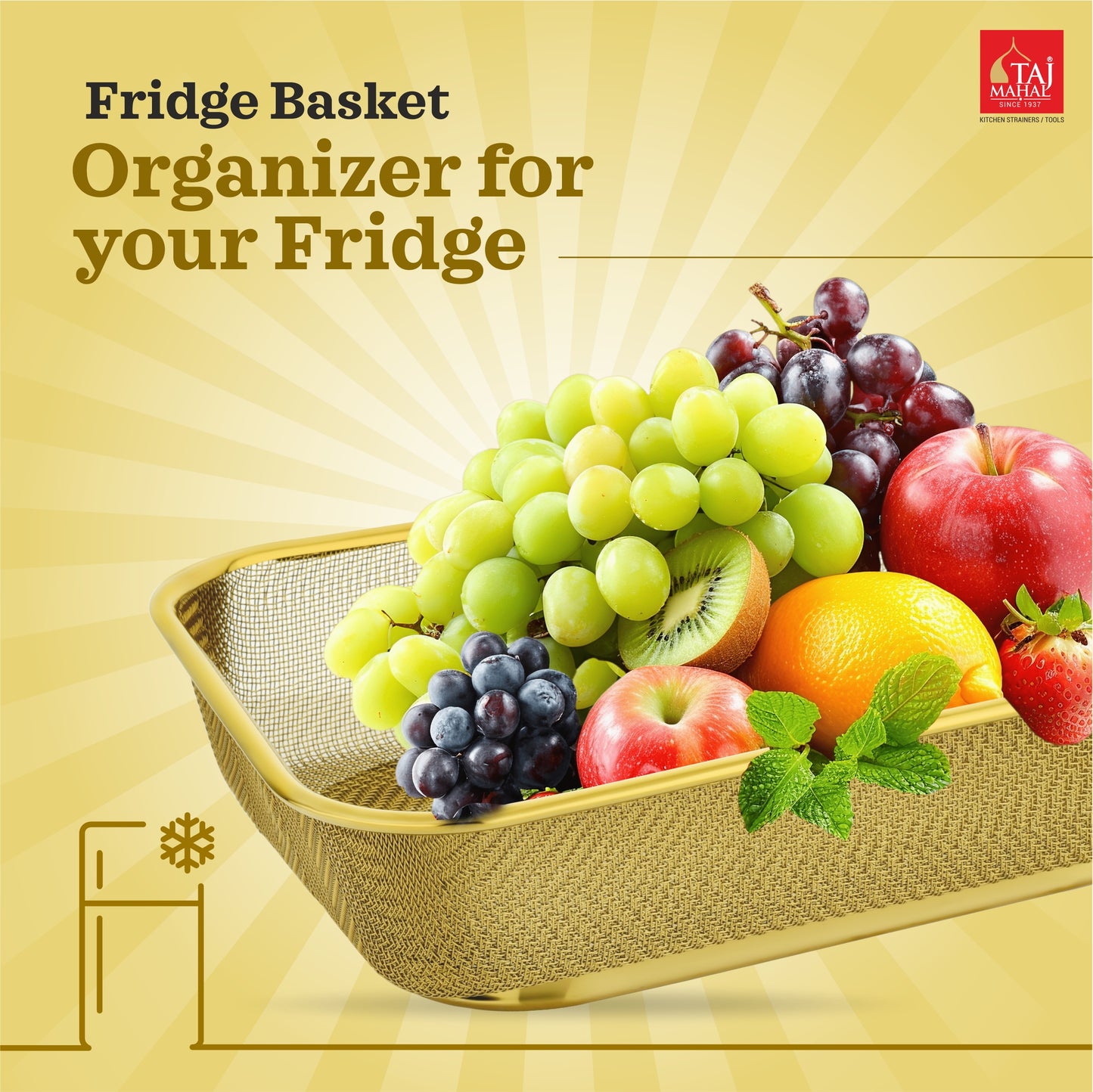 S.S SQUARE FRIDGE BASKET PVD COATED GOLD COLOUR