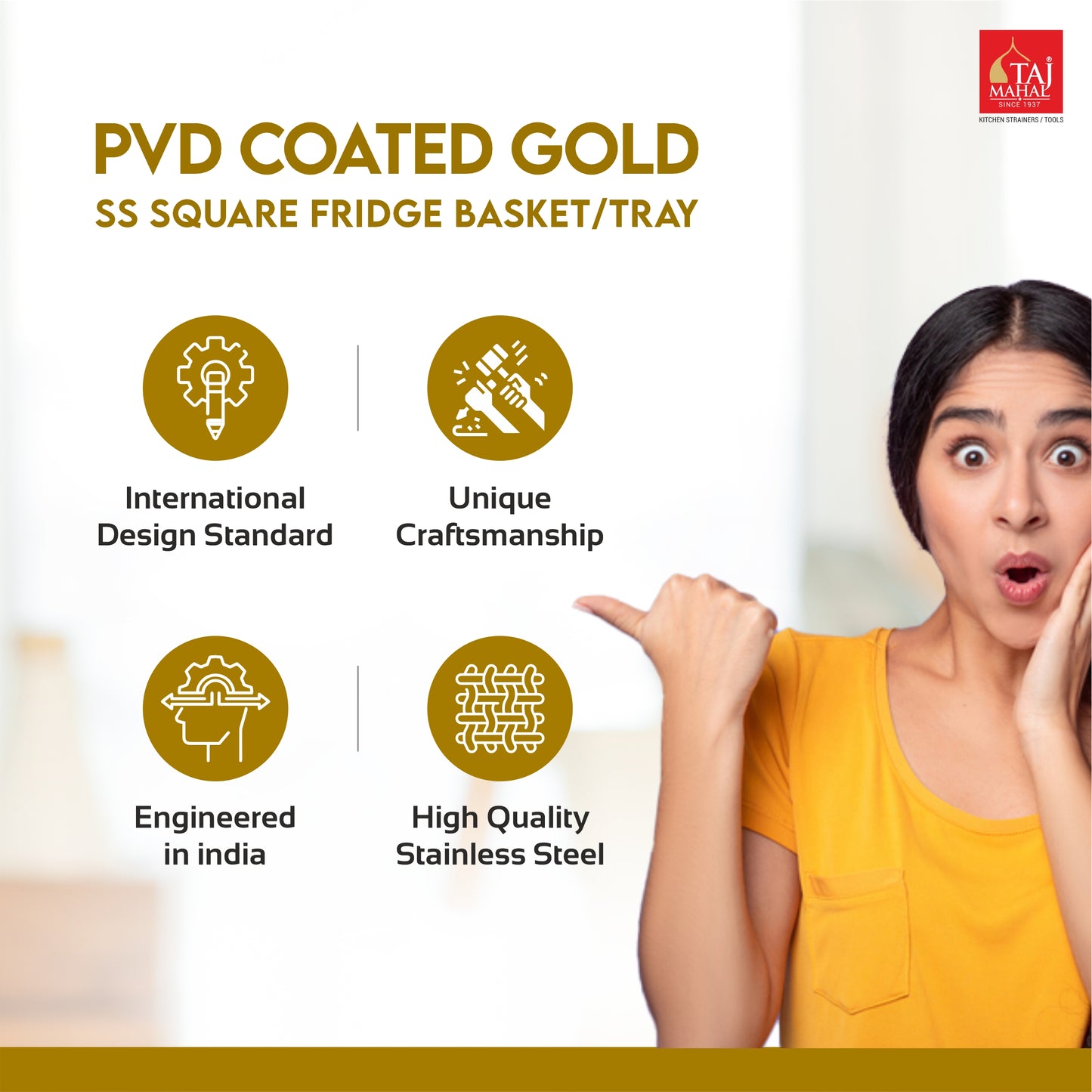 S.S SQUARE FRIDGE BASKET PVD COATED GOLD COLOUR