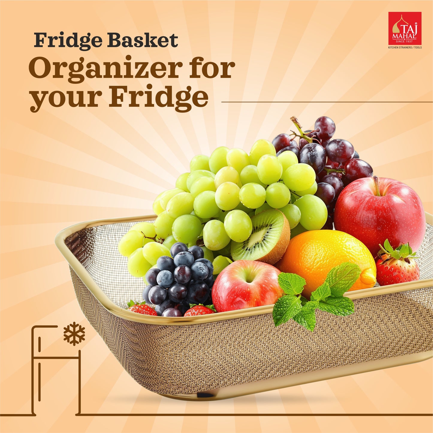 S.S SQUARE FRIDGE BASKET PVD COATED ROSE GOLD COLOUR