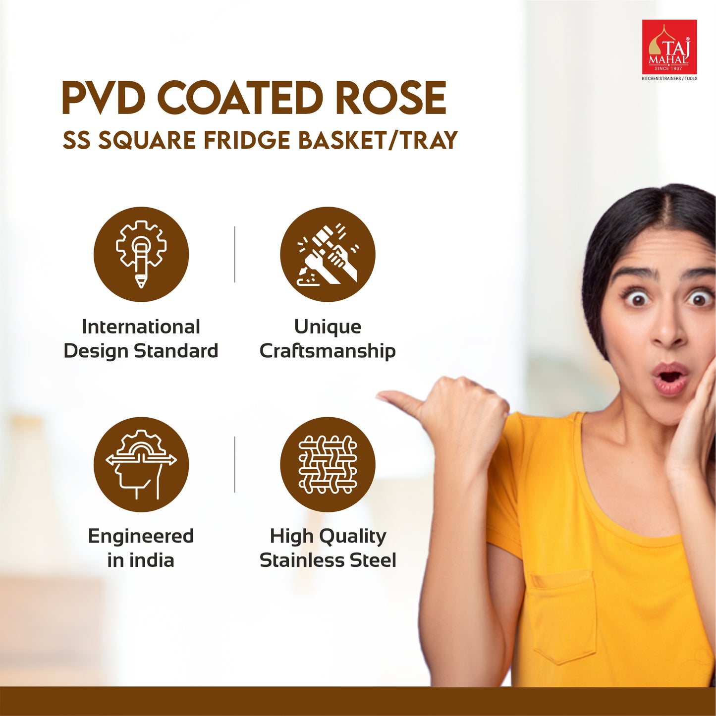 S.S SQUARE FRIDGE BASKET PVD COATED ROSE GOLD COLOUR