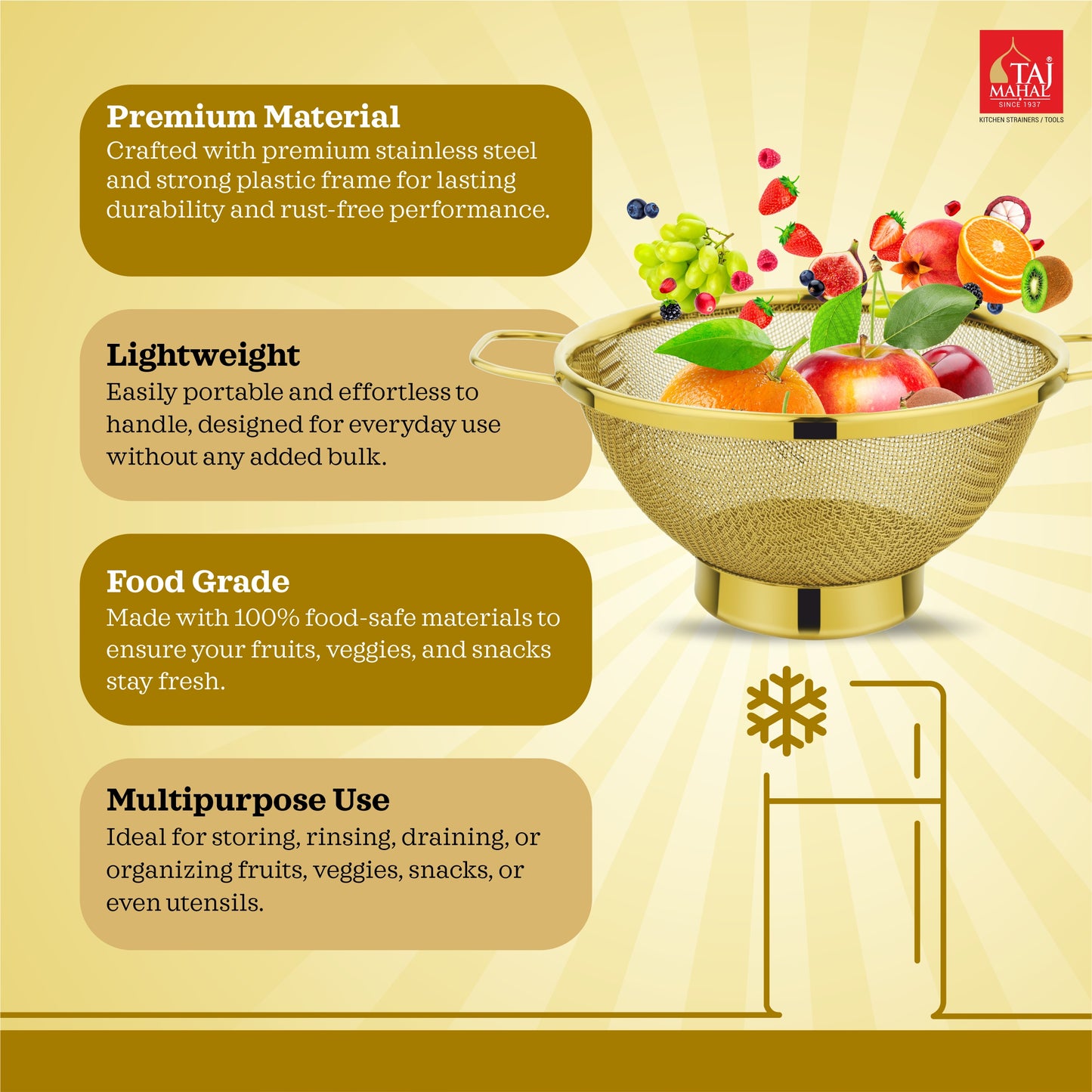 SS COLANDER MESH BASKET PVD GOLD