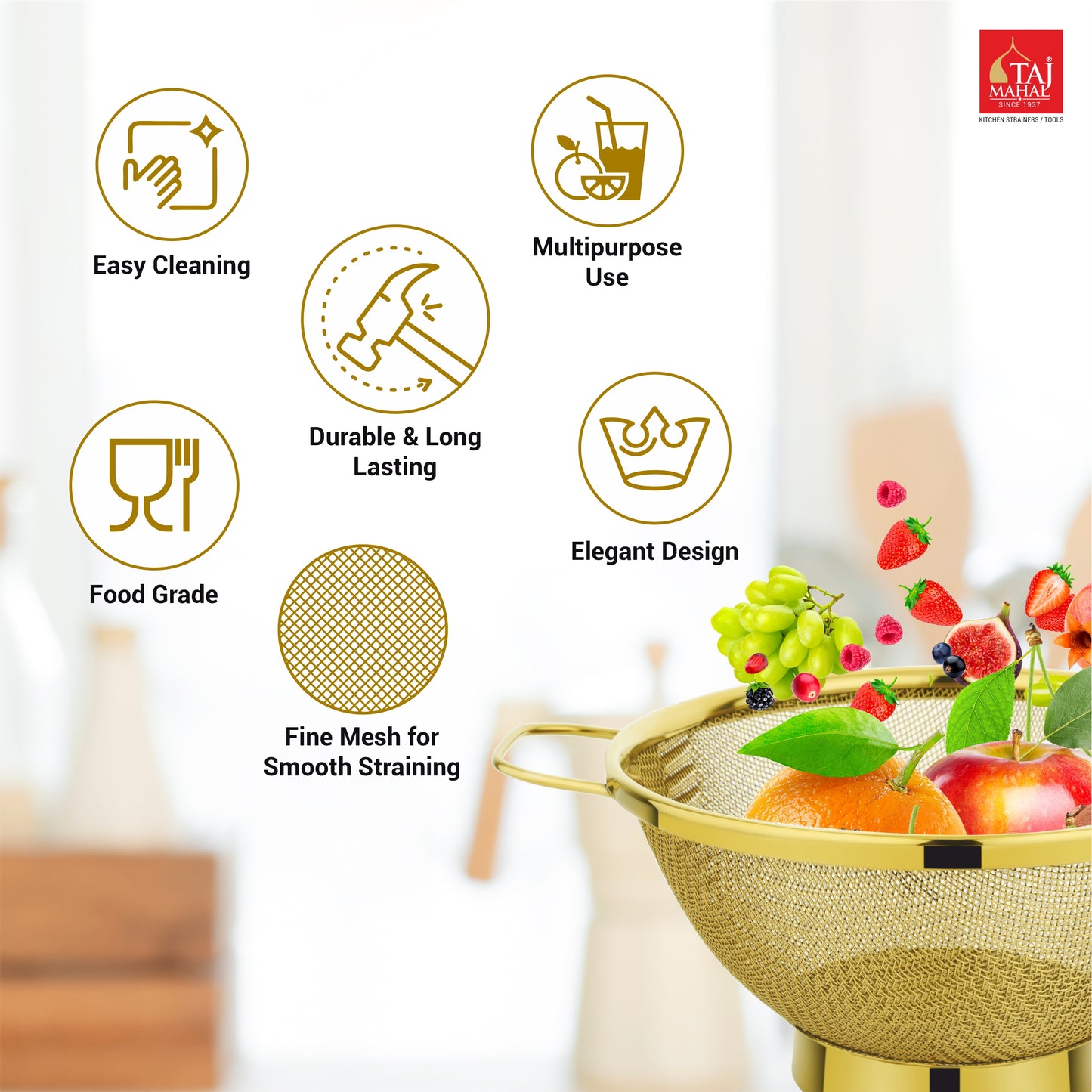 SS COLANDER MESH BASKET PVD GOLD