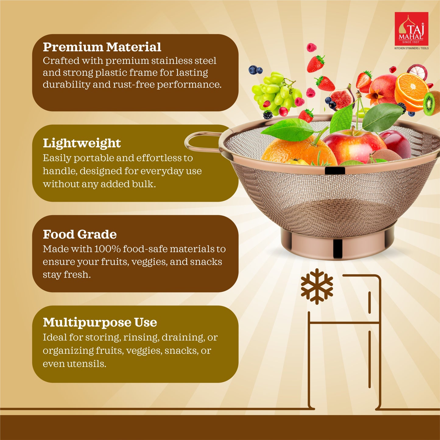 SS COLANDER MESH BASKET PVD COATED ROSE GOLD