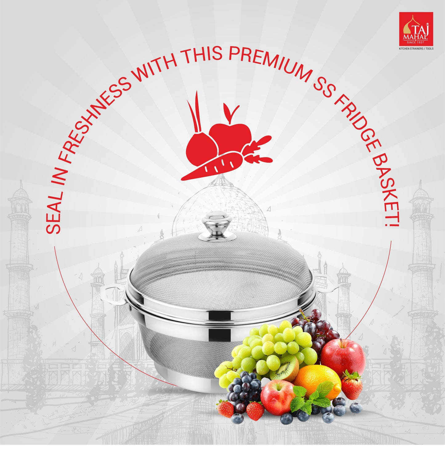 SS ROUND FRIDGE BASKET WITH COVER