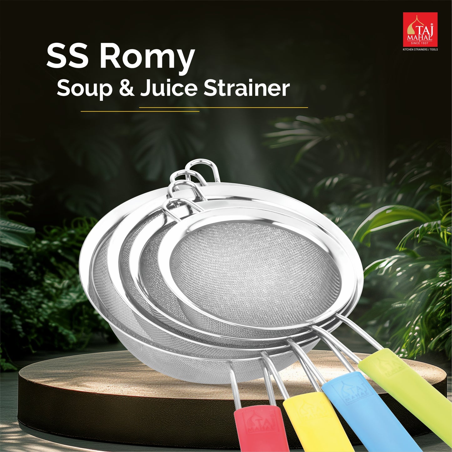 SS ROMY STRAINER SOUP AND JUICE COLOR HANDLE